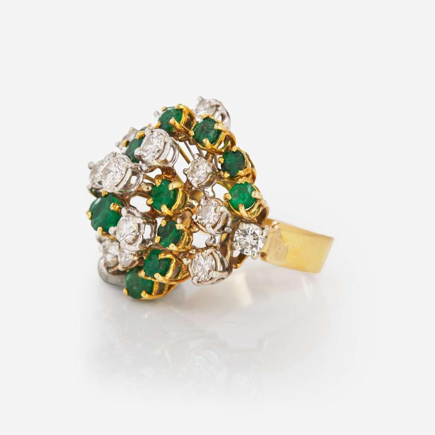 A 14K Yellow Gold, Emerald, and Diamond Ring