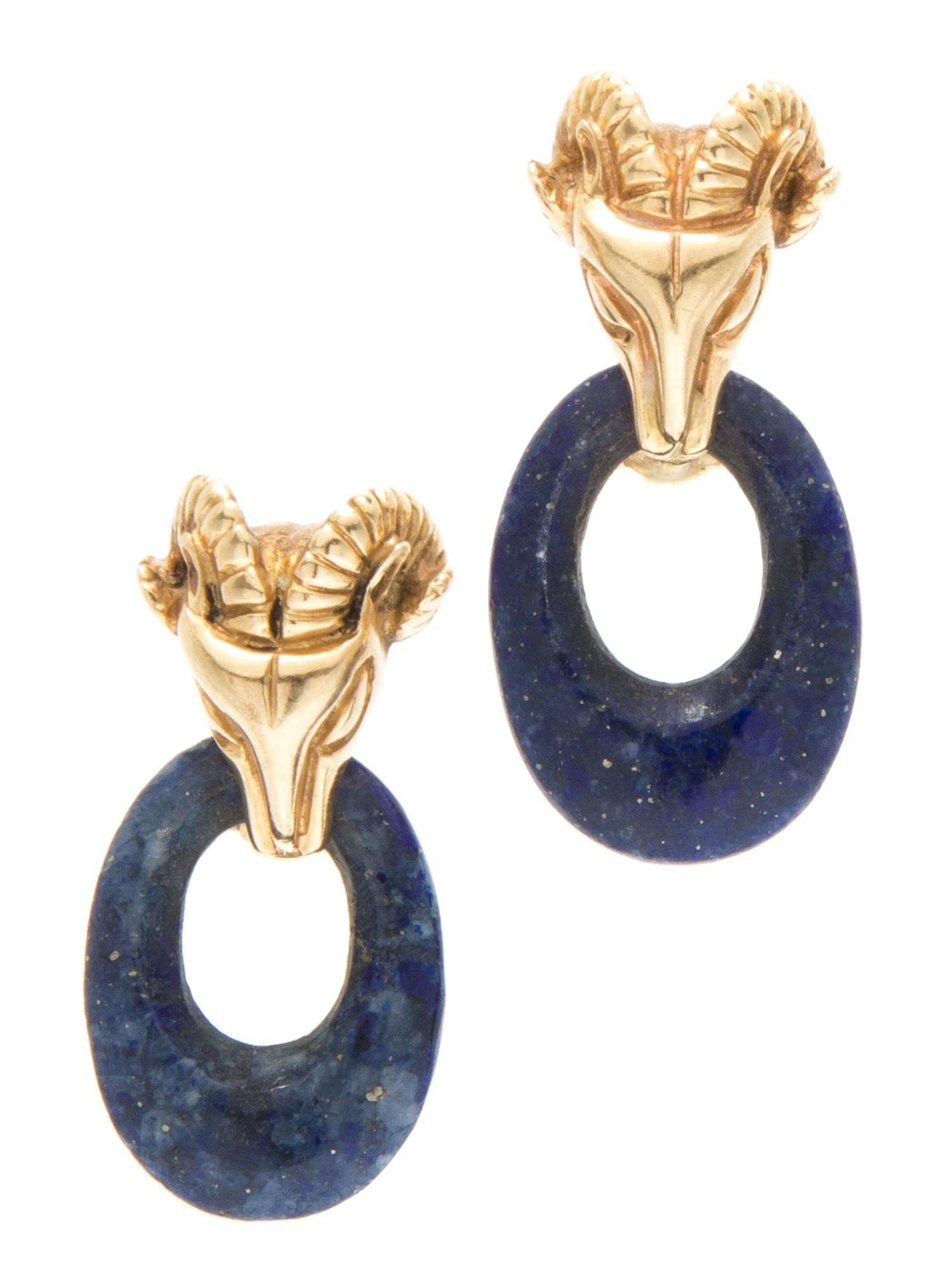 A Pair of 14 Karat Yellow Gold and Lapis Lazuli Earclips, 9.40 dwts.