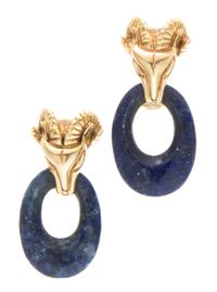 A Pair of 14 Karat Yellow Gold and Lapis Lazuli Earclips, 9.40 dwts.