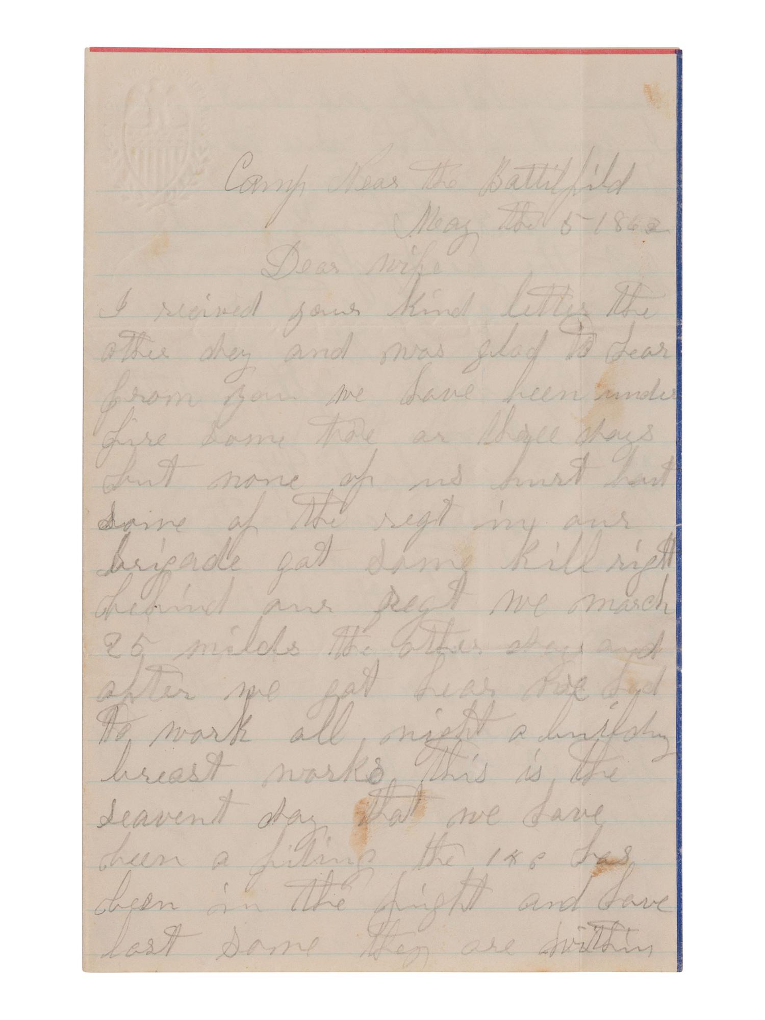 [CIVIL WAR]. Soldier's letter written from camp near the Chancellorsville Battlefield. 1863.