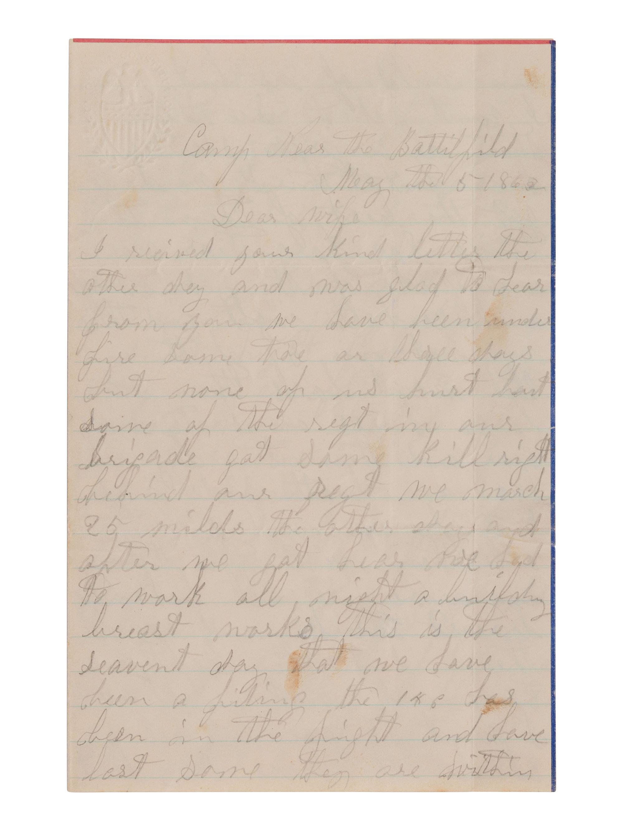 [CIVIL WAR]. Soldier's letter written from camp near the Chancellorsville Battlefield. 1863.