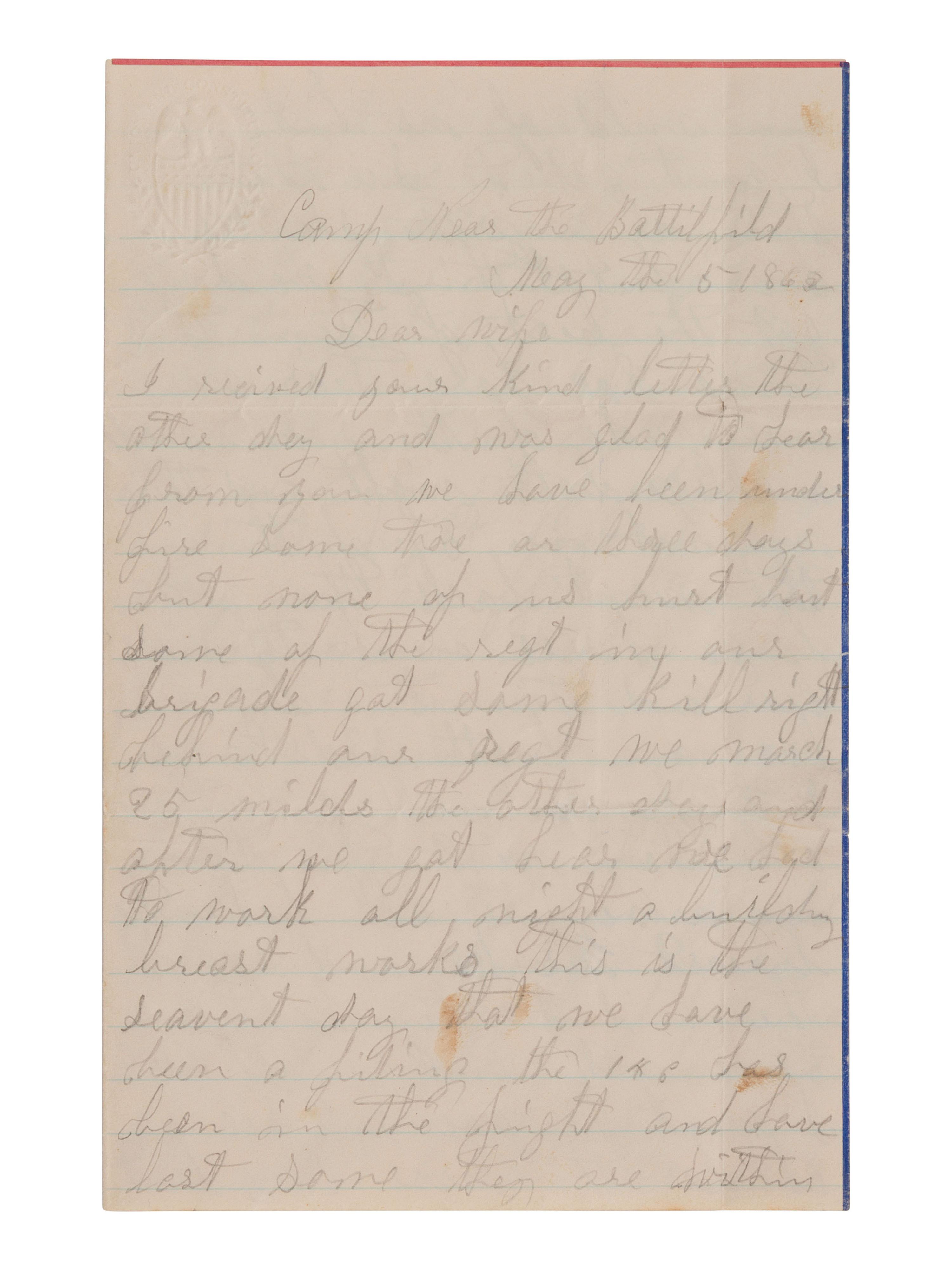 [CIVIL WAR]. Soldier's letter written from camp near the Chancellorsville Battlefield. 1863.
