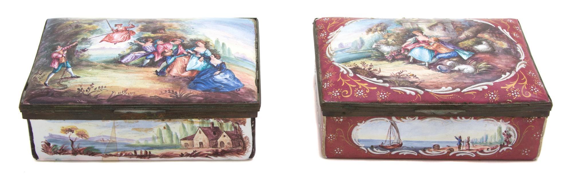 Two French Painted Enamel Covered Boxes Height 2 x width 4 1/2 x depth 3 1/2 inches. — 19TH CENTURY
