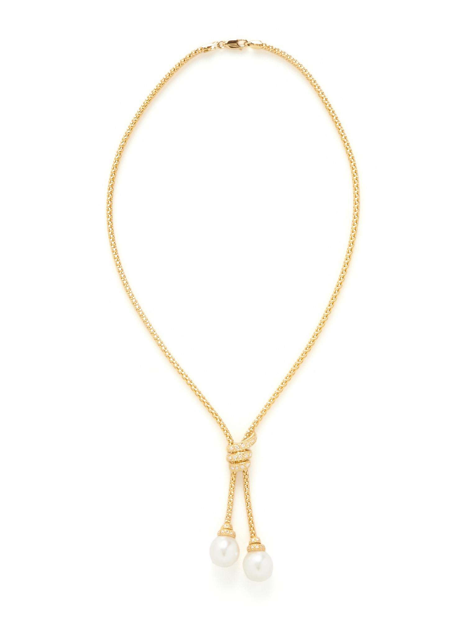 YELLOW GOLD, PEARL, AND DIAMOND LARIAT NECKLACE