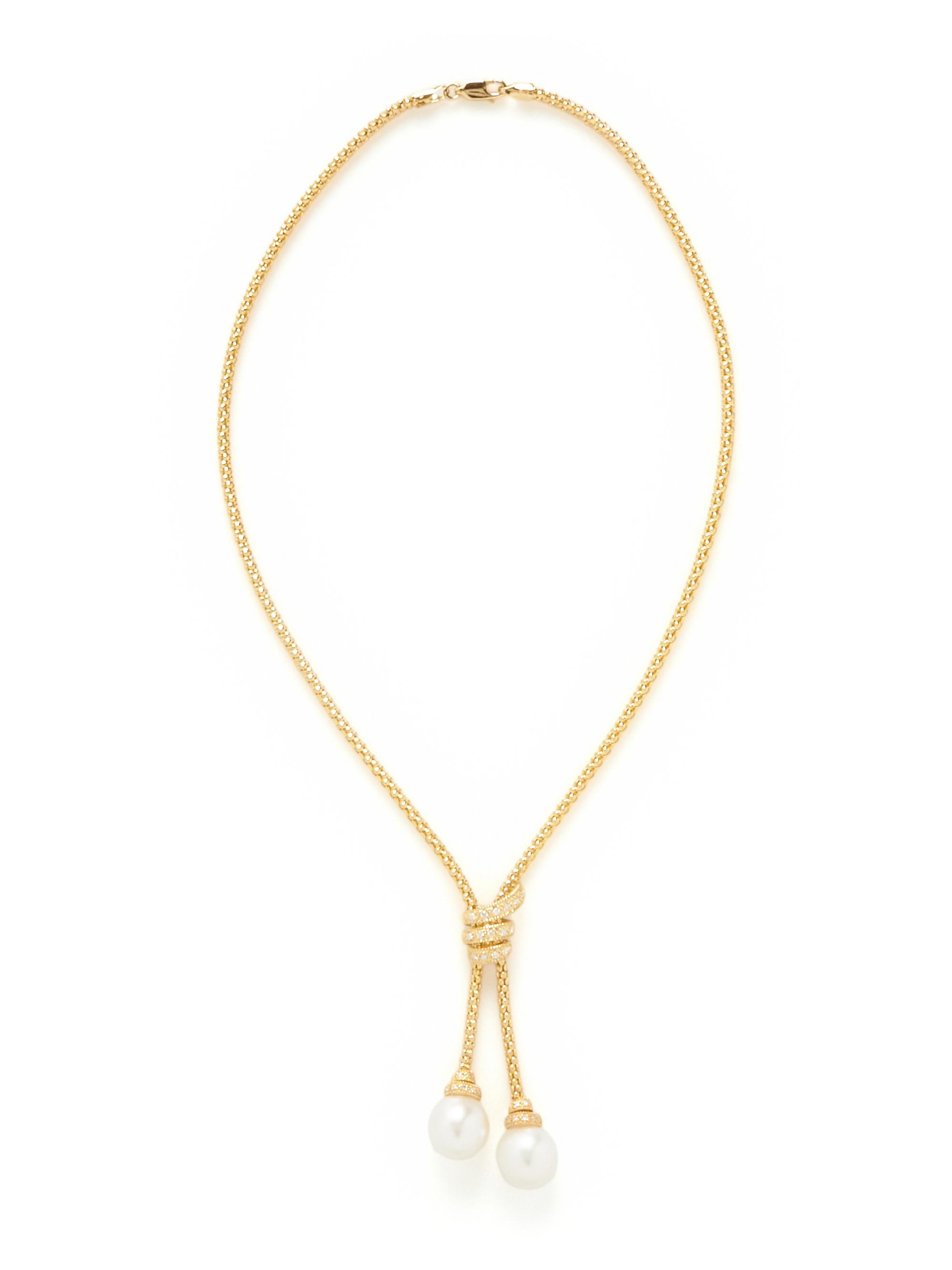 YELLOW GOLD, PEARL, AND DIAMOND LARIAT NECKLACE