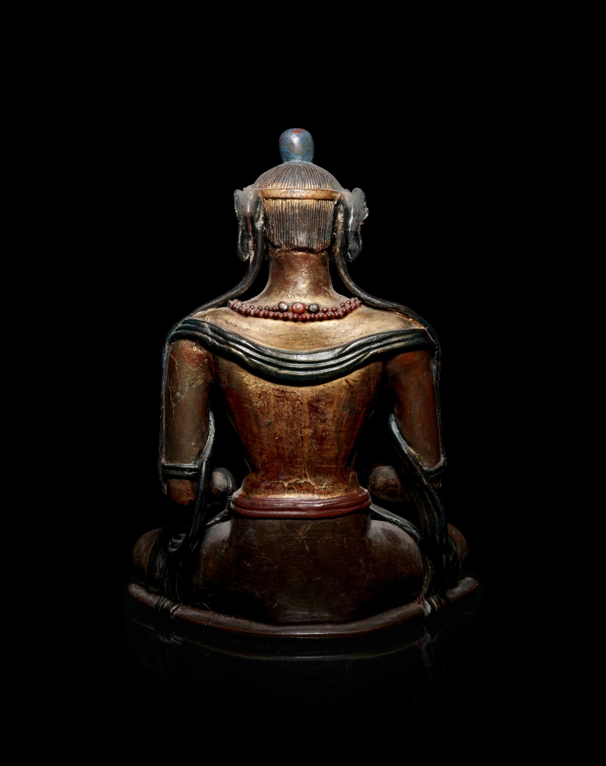A Mongolian Gilt and Polychrome Painted Wood Figure of Amitayus