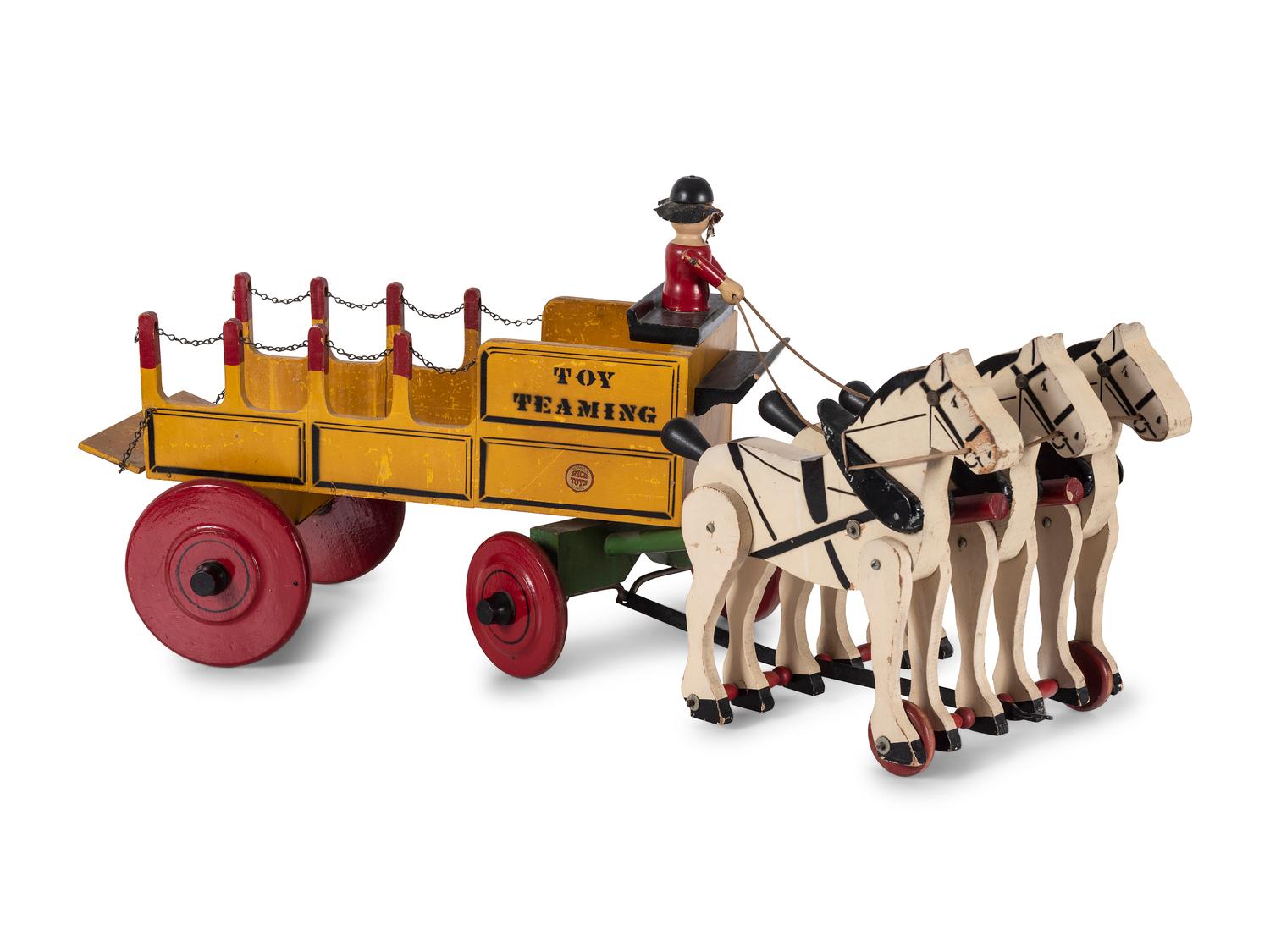 Two Rich Toys Painted Wood Three-Horse Team Wagons