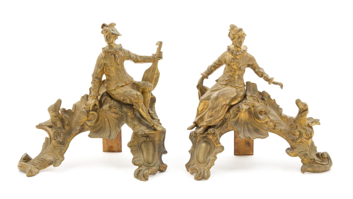 A Pair of French Gilt Bronze Chenets Height 12 3/4 x width of wider 13 inches. — LATE 19TH CENTURY