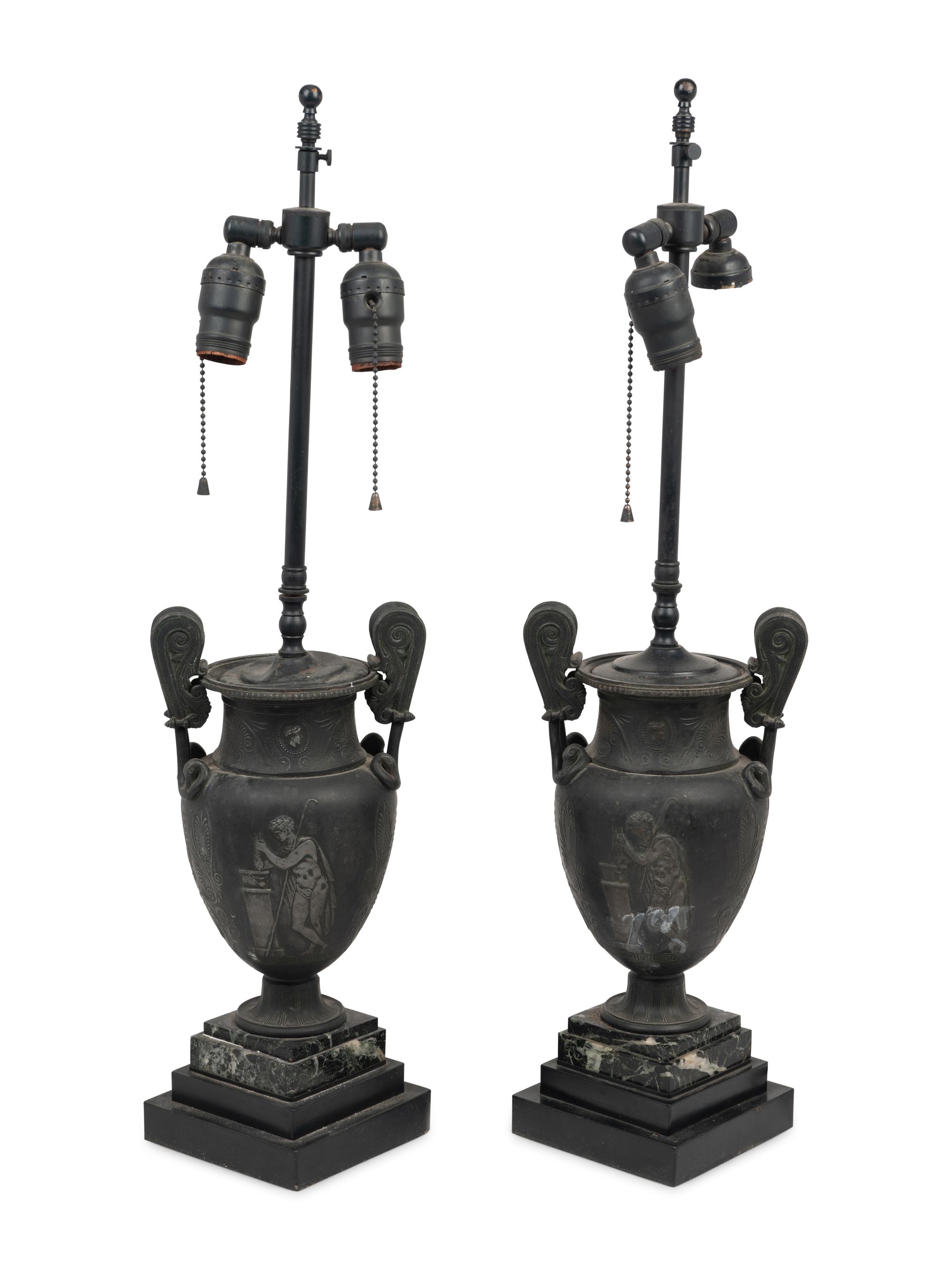 A Pair of Grand Tour Cast Metal Urns Mounted as Lamps with Marble Bases