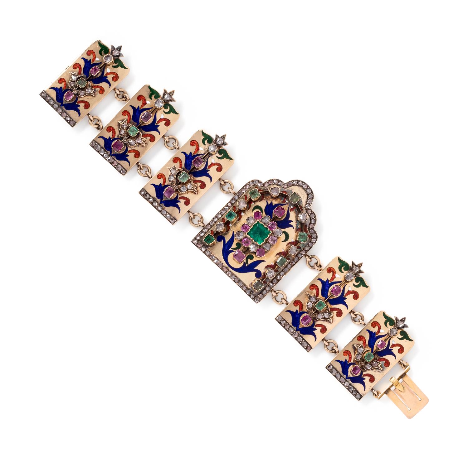 ANTIQUE, DIAMOND, MULTIGEM AND POLYCHROME ENAMEL BRACELET