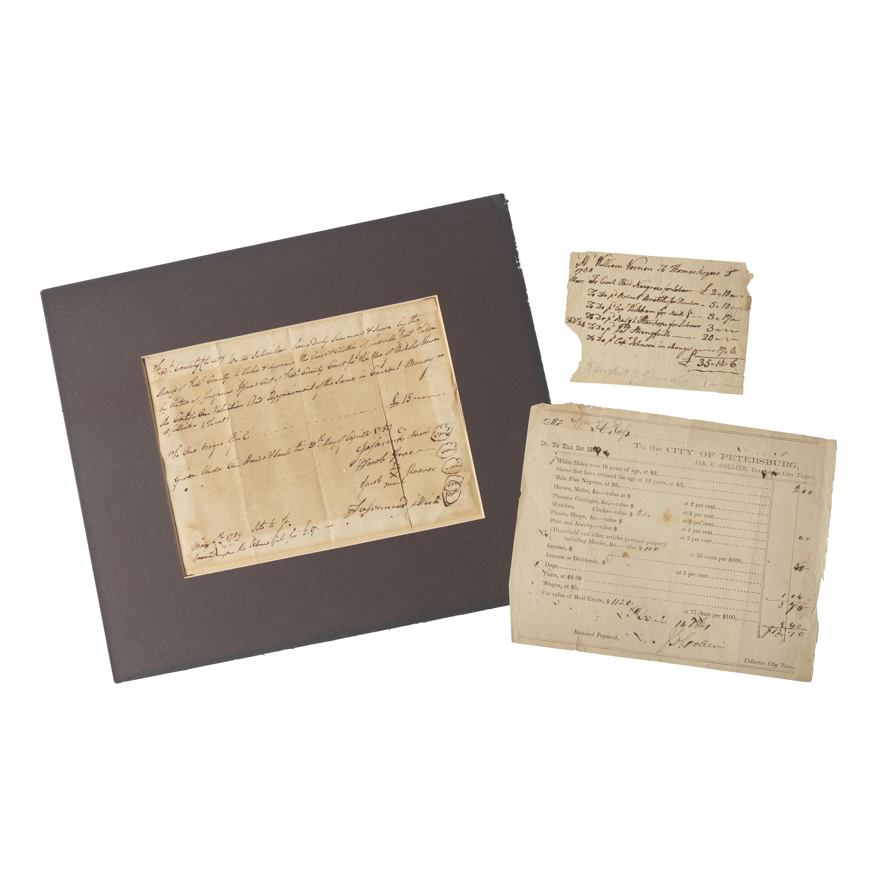 [African-Americana] [Enslavement] Group of 3 Slave-Related Documents