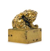 A Small Gilt Bronze Seal Length 1 1/8 x width 1 1/8 x height 1 5/8 inches.