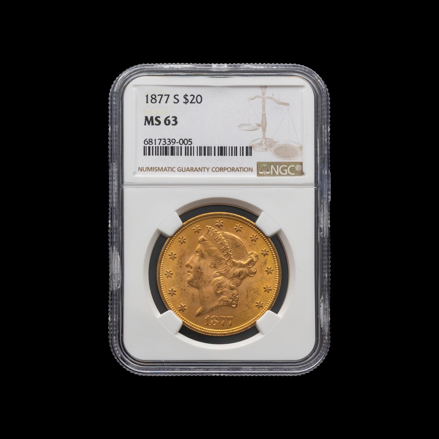 An 1877-S Liberty Head $20 Gold Coin [NGC MS63]