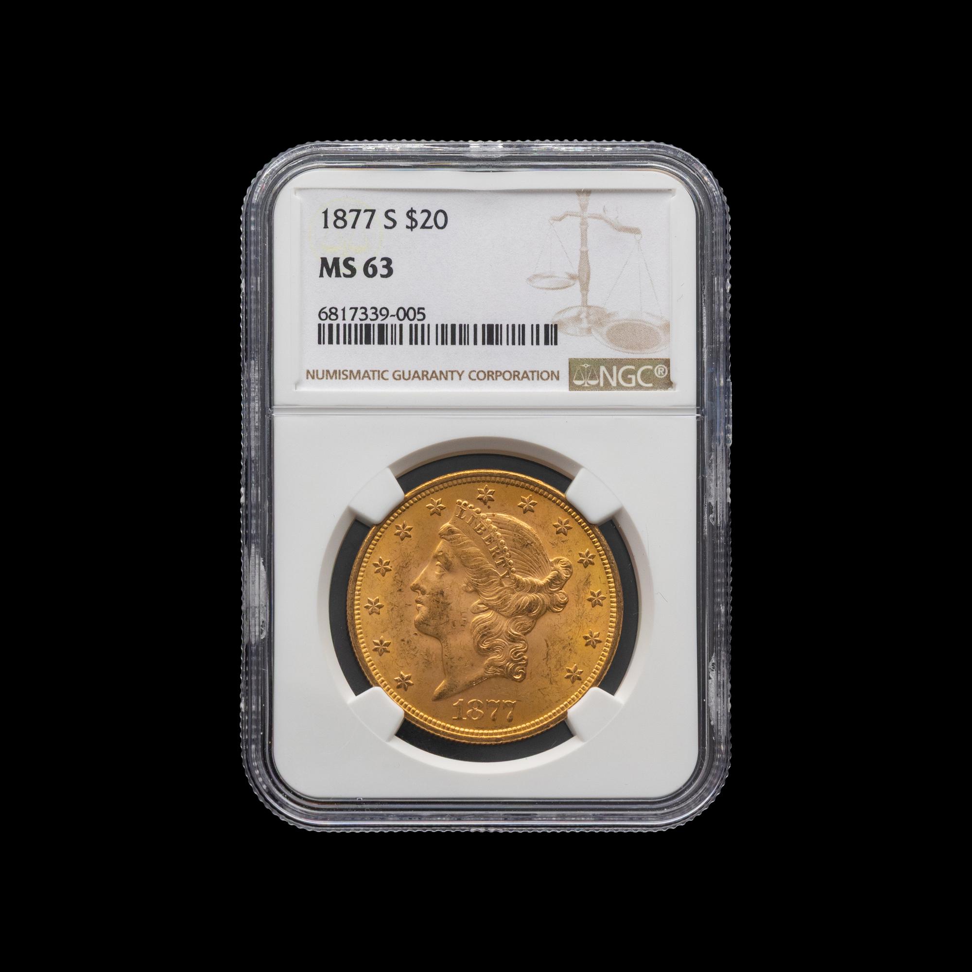 An 1877-S Liberty Head $20 Gold Coin [NGC MS63]