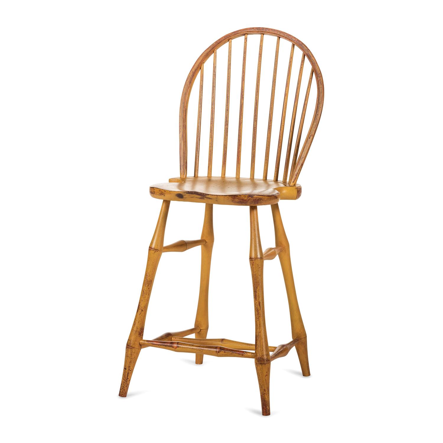 A Yellow Painted Bow Back Compass-Seat Windsor Tall Chair