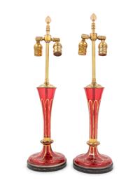 A Pair of Continental Red-Glass and Parcel Gilt Lamps