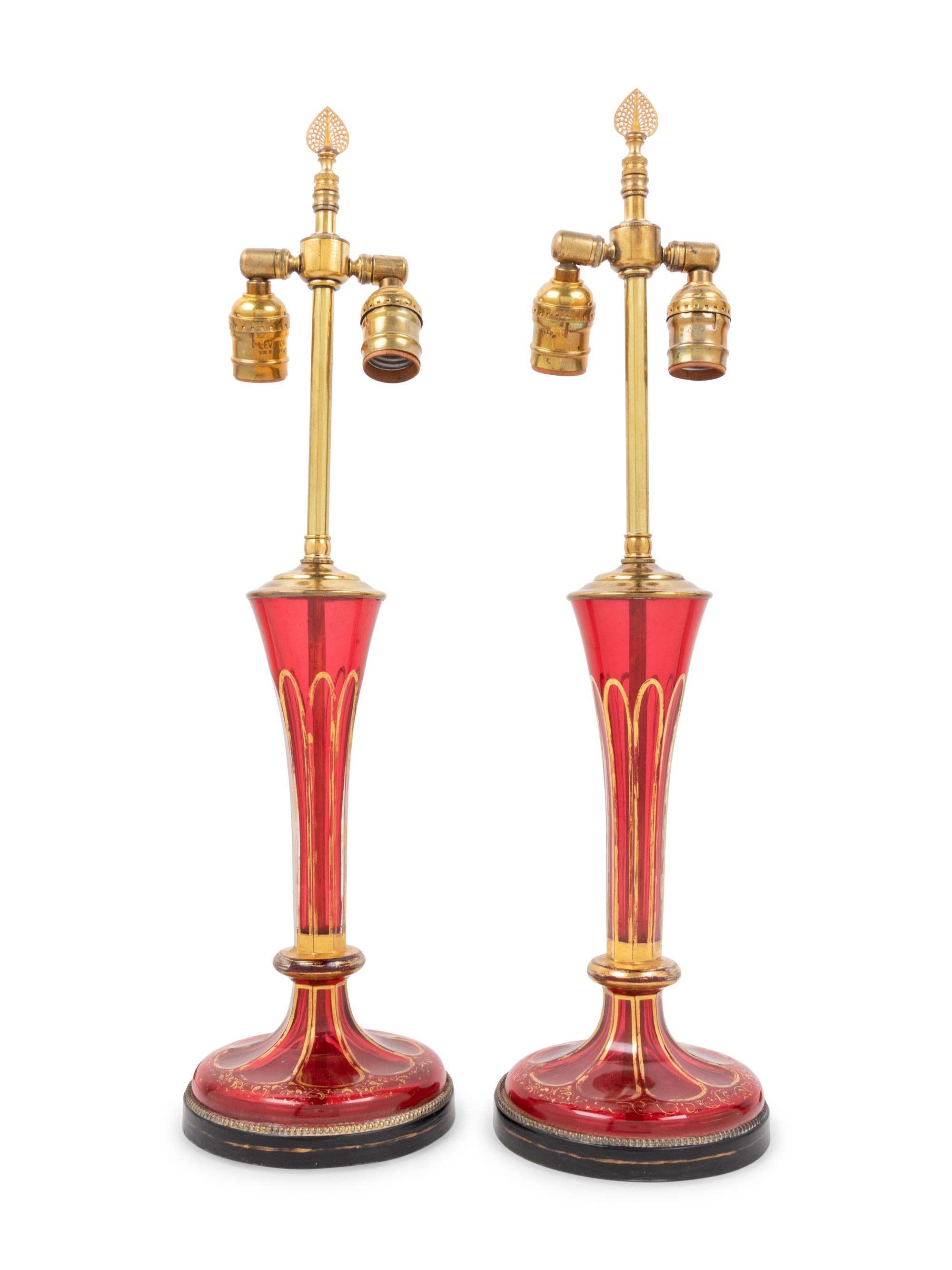 A Pair of Continental Red-Glass and Parcel Gilt Lamps