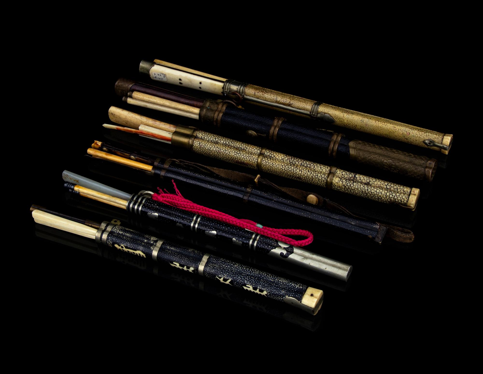 Six Chinese Sharkskin Knife and Chopsticks Sets