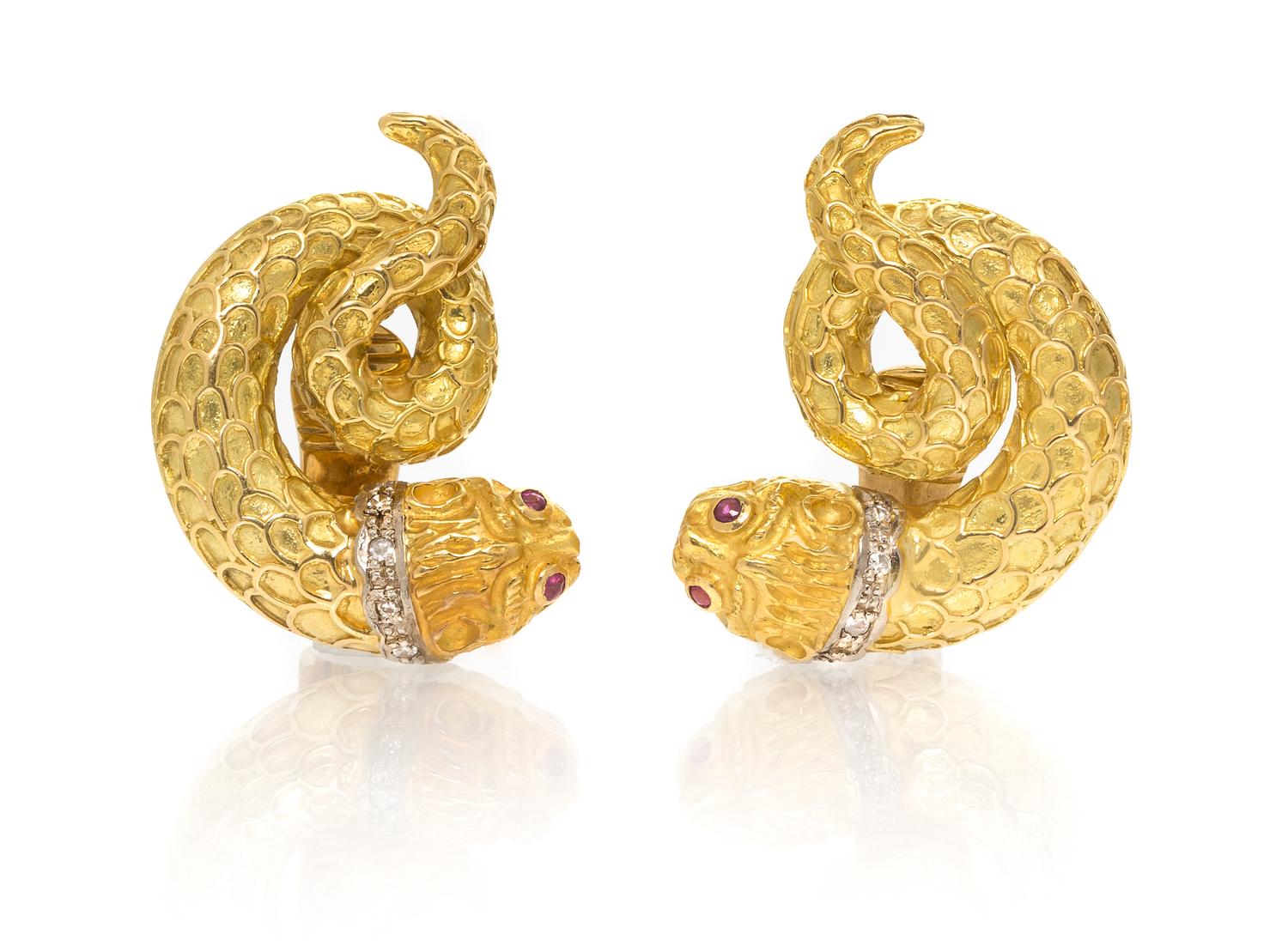 A Pair of 18 Karat Yellow Gold, Ruby and Diamond Earclips, Lalaounis, 16.75 dwts.