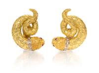 A Pair of 18 Karat Yellow Gold, Ruby and Diamond Earclips, Lalaounis, 16.75 dwts.