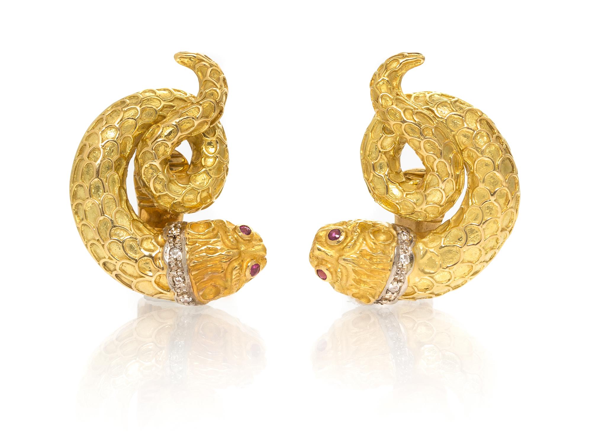 A Pair of 18 Karat Yellow Gold, Ruby and Diamond Earclips, Lalaounis, 16.75 dwts.