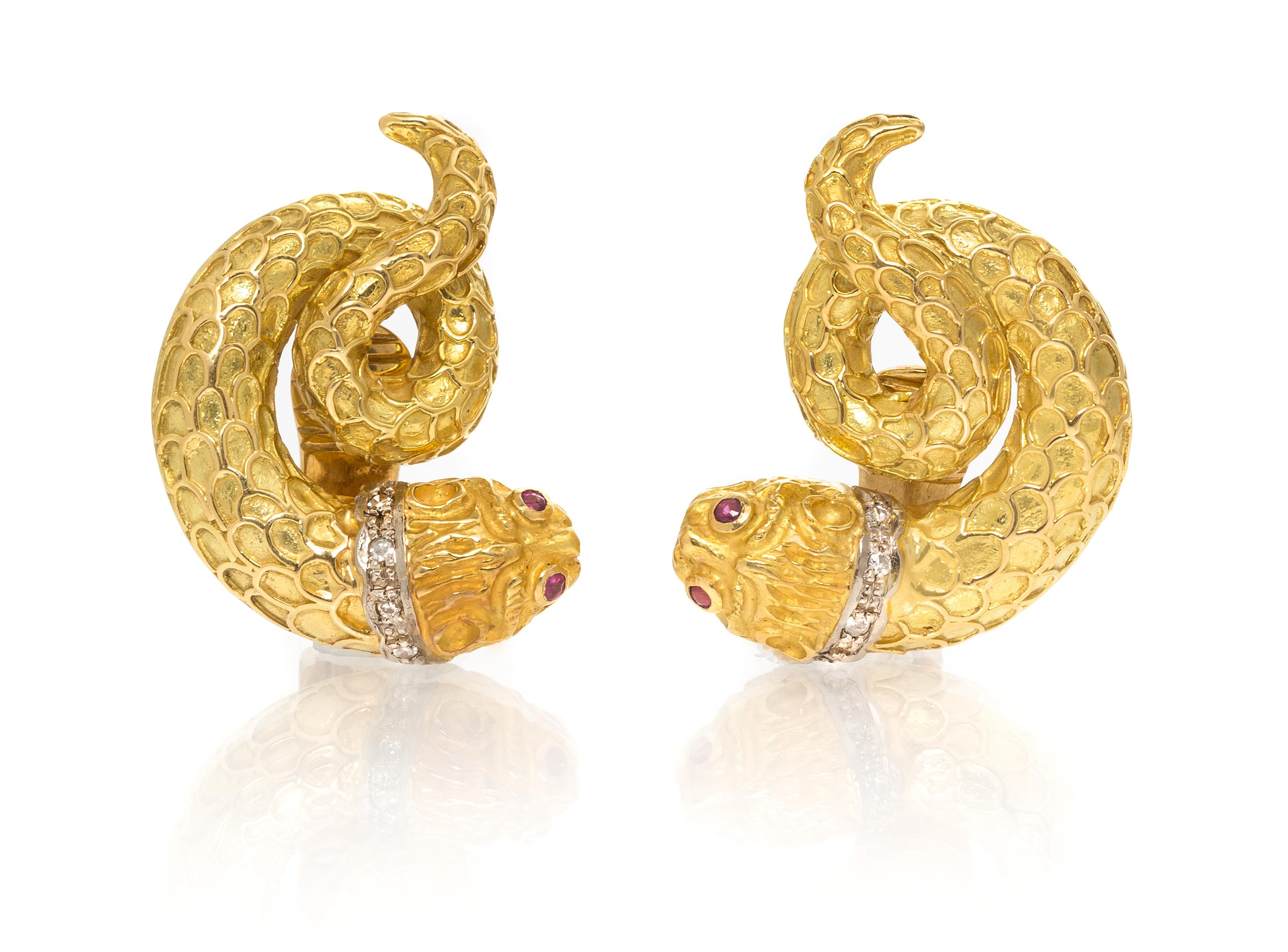 A Pair of 18 Karat Yellow Gold, Ruby and Diamond Earclips, Lalaounis, 16.75 dwts.