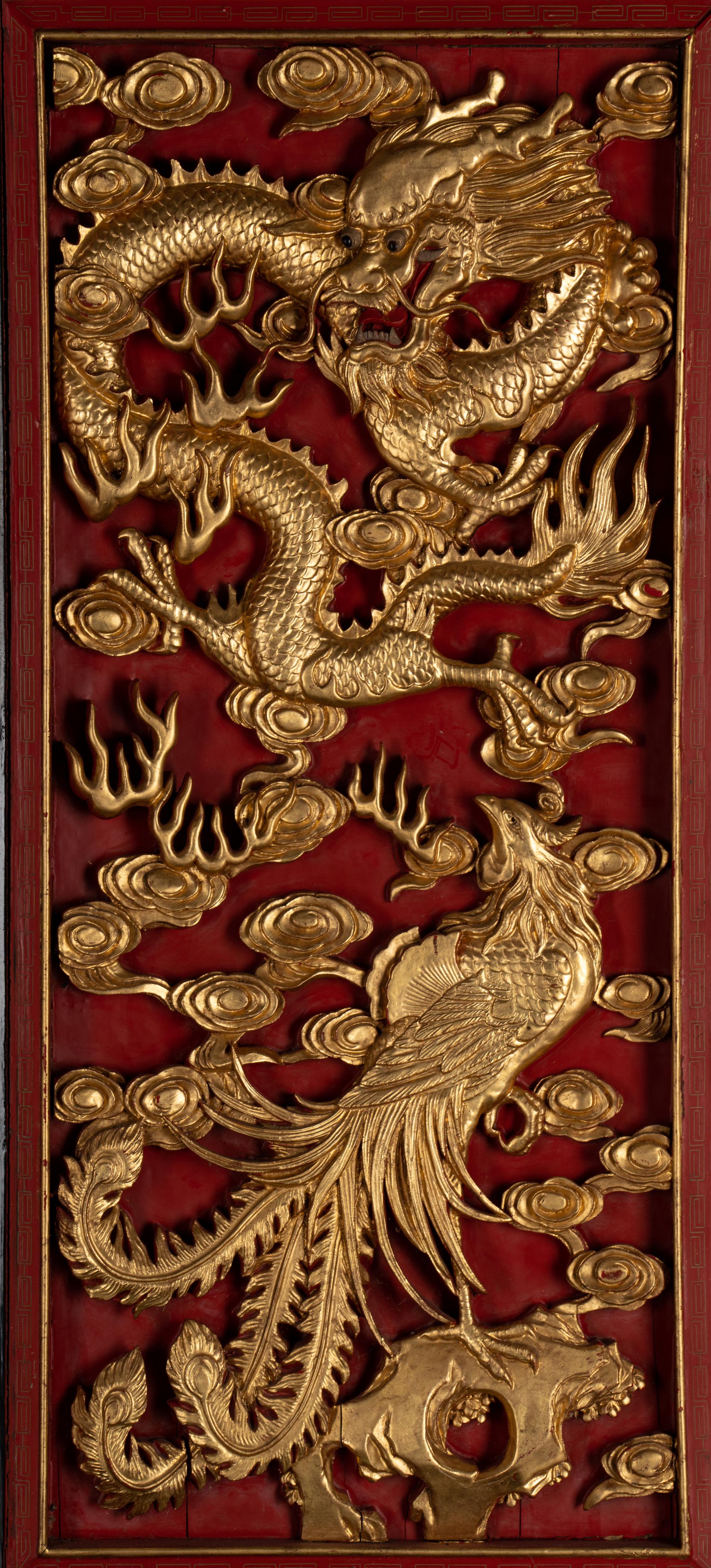A Pair of Chinese Gilt and Red Lacquered Wood Wall Panels