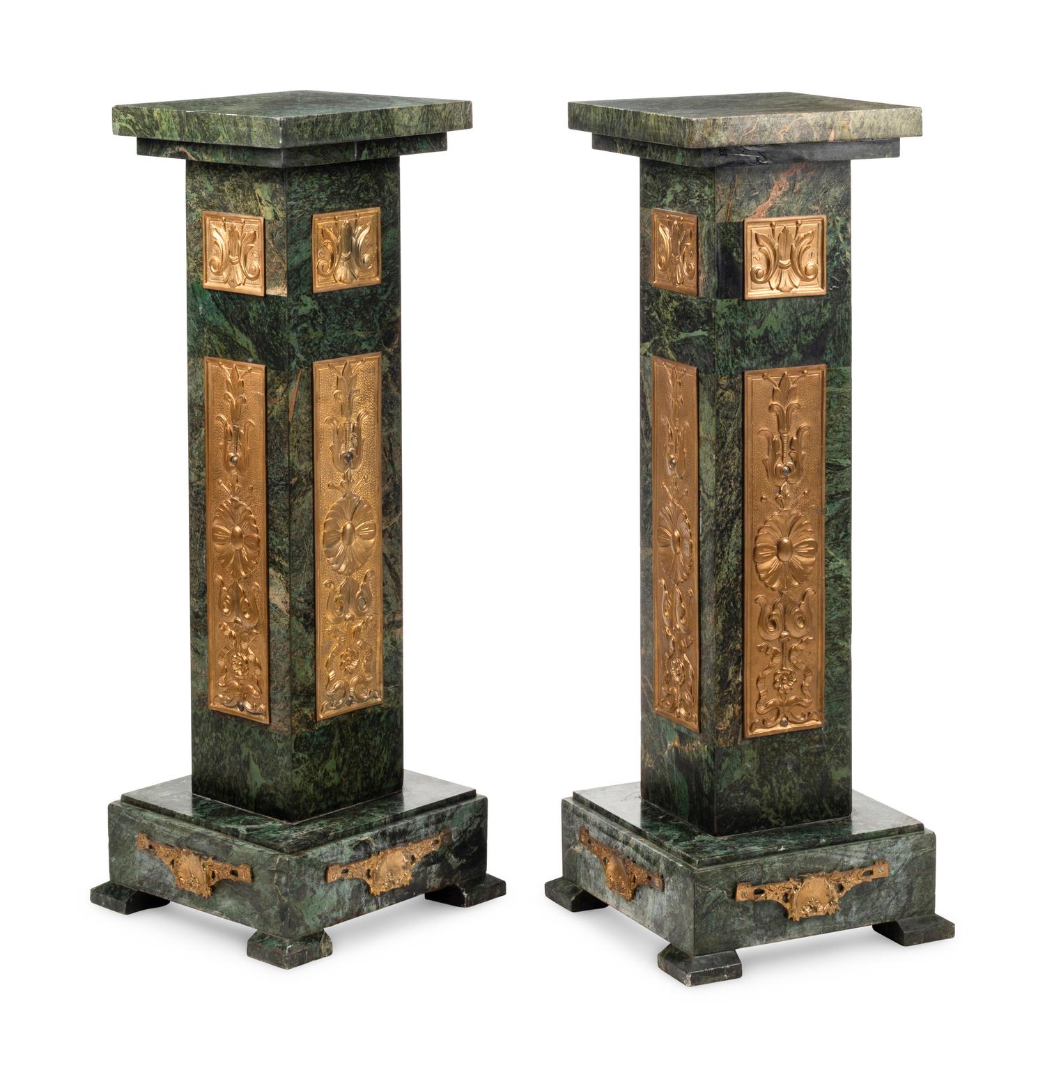 A Pair of Continental Gilt Bronze Mounted Marble Pedestals