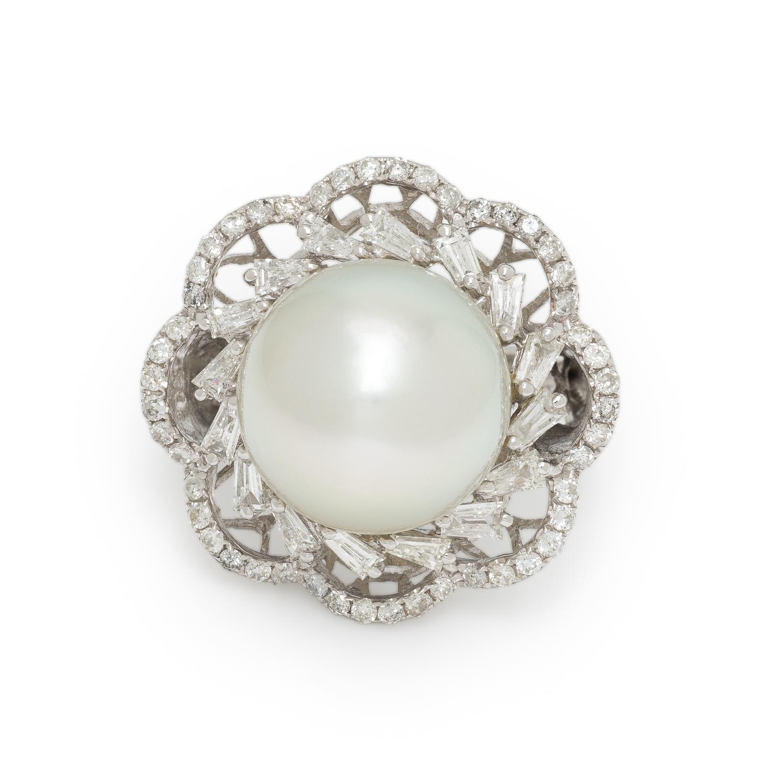 CULTURED PEARL, DIAMOND, AND WHITE GOLD RING