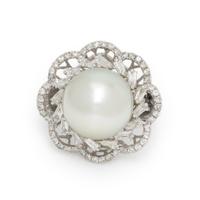 CULTURED PEARL, DIAMOND, AND WHITE GOLD RING