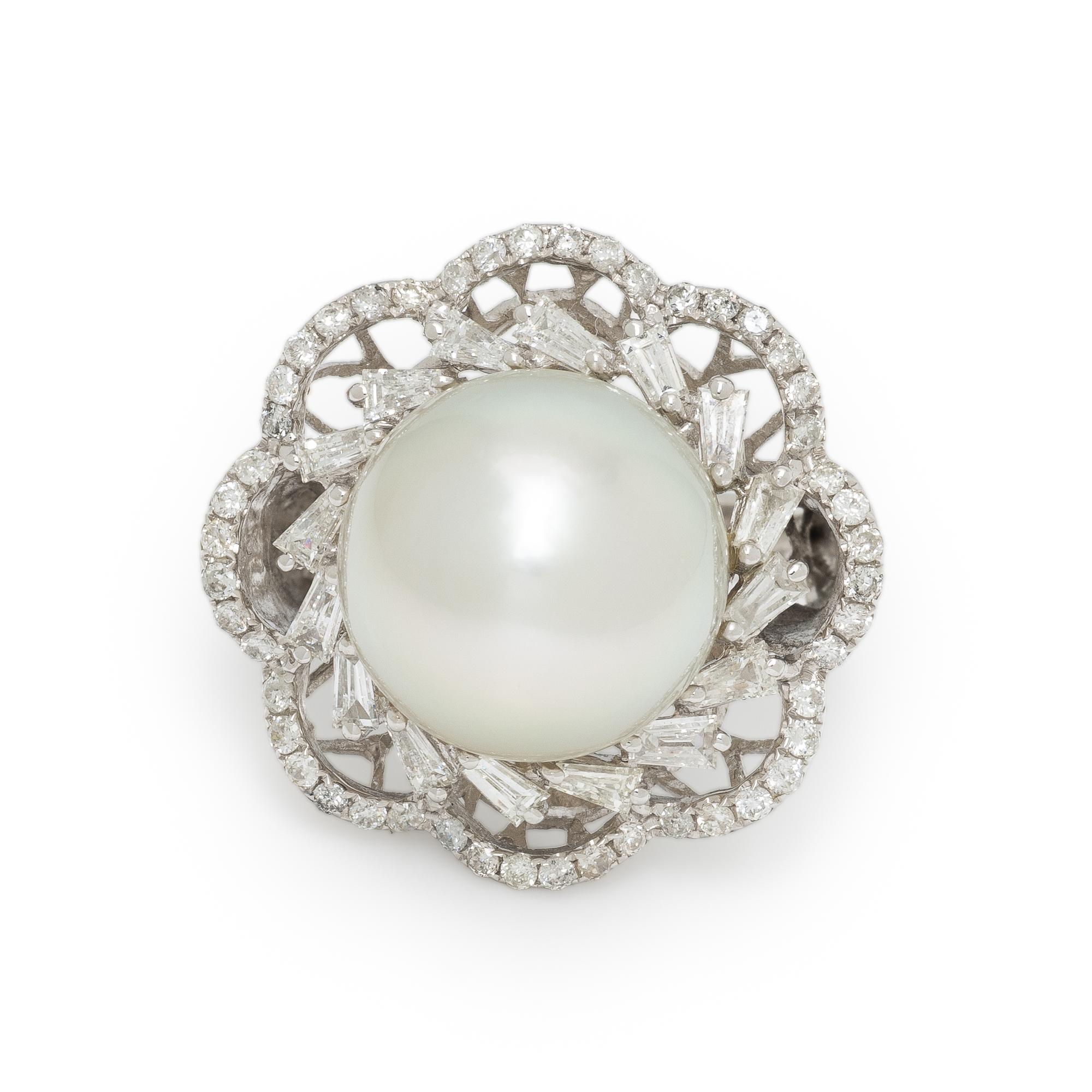 CULTURED PEARL, DIAMOND, AND WHITE GOLD RING