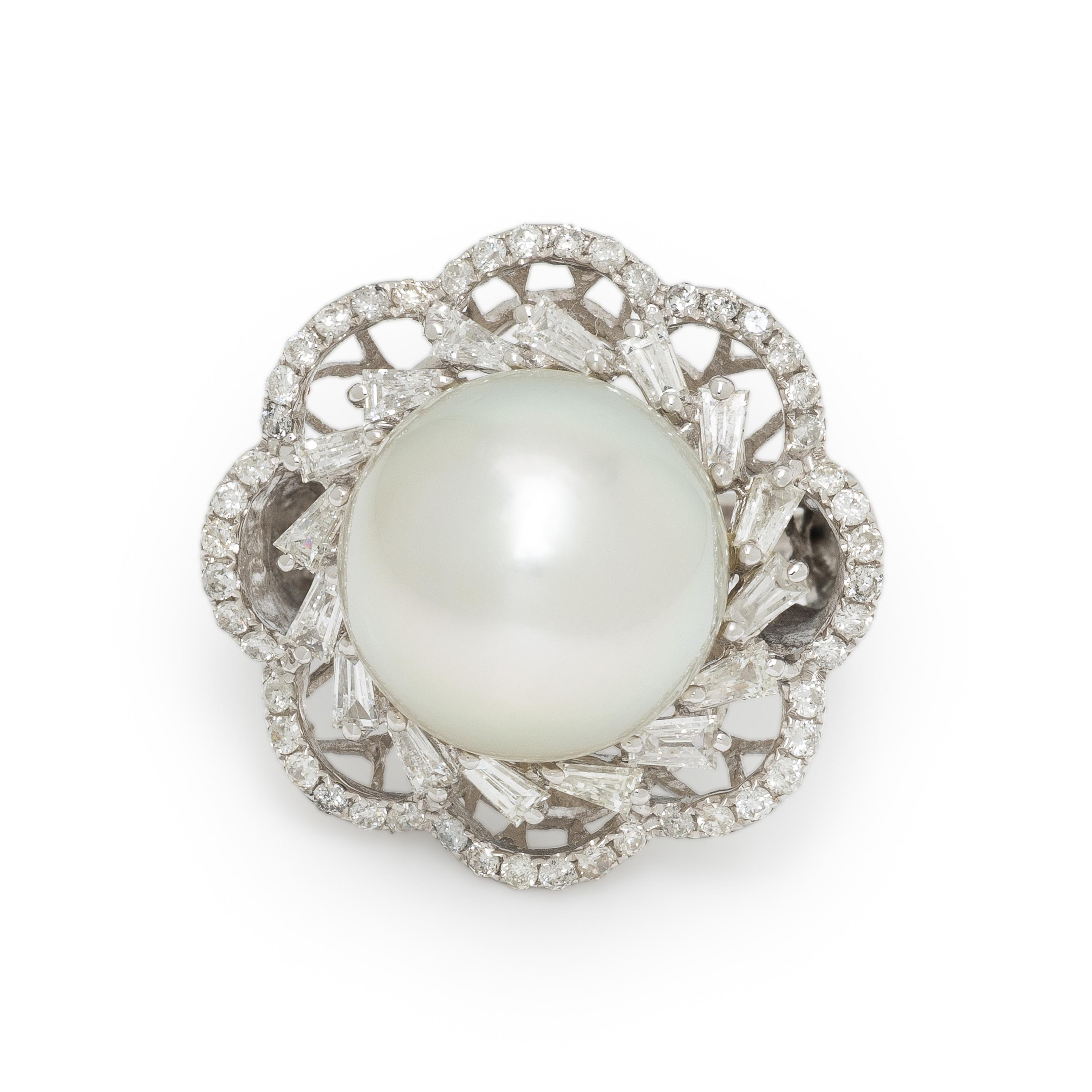 CULTURED PEARL, DIAMOND, AND WHITE GOLD RING