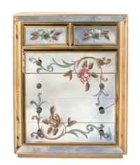 A Paint Decorated Mirrored Chest of Drawers Height 54 3/4 x width 42 1/2 x depth 18 inches.