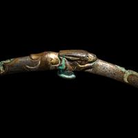 A Chinese Gilt, Silvered and Turquoise Inlaid 'Rabbit' Gold Belt Hook, Warring States Period 戰國 鎏金銅錯銀嵌松石雙獸首奔兔帶鉤