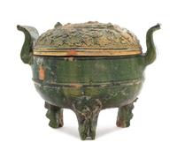 A Chinese Green Glazed Pottery Ding Height 7 1/2 inches. — HAN DYNASTY (206 B.C. - A.D. 220)