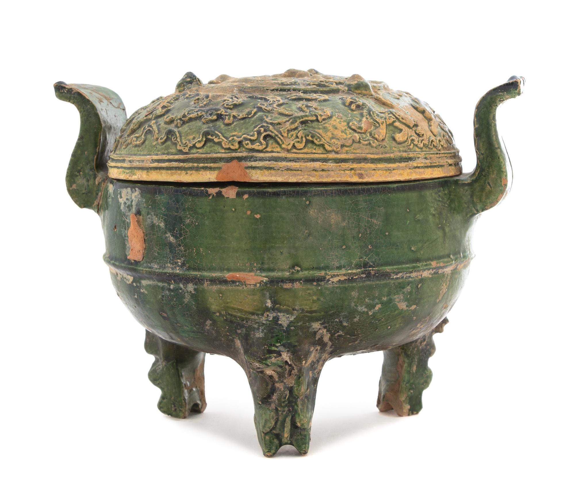 A Chinese Green Glazed Pottery Ding Height 7 1/2 inches. — HAN DYNASTY (206 B.C. - A.D. 220)