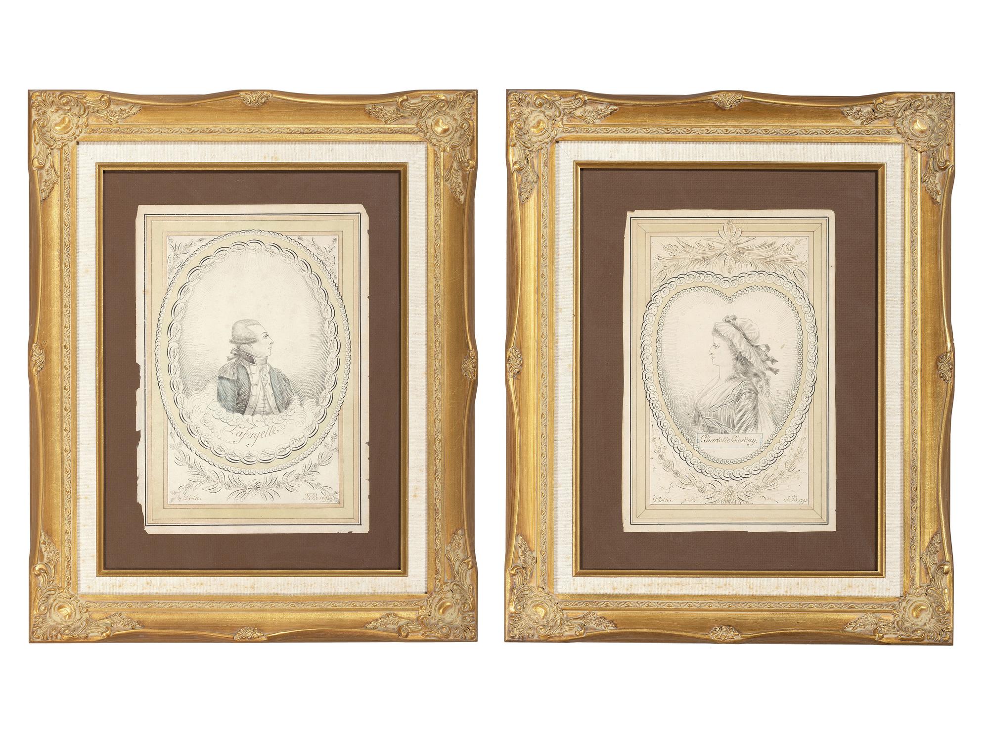 [REVOLUTIONARY WAR]. Ink and watercolor portraits of Marquis de LAFAYETTE and Charlotte CORDAY.