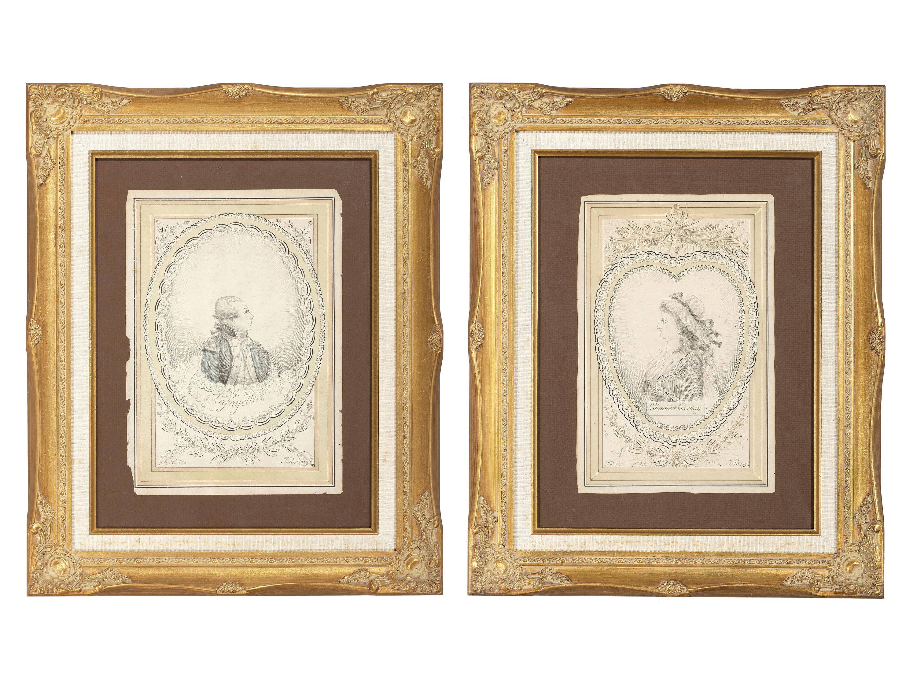 [REVOLUTIONARY WAR]. Ink and watercolor portraits of Marquis de LAFAYETTE and Charlotte CORDAY.
