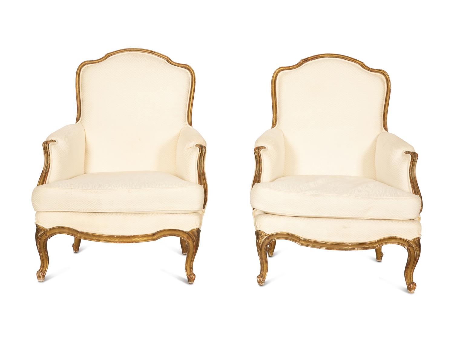 A Pair of Louis XV Style Giltwood Bergères