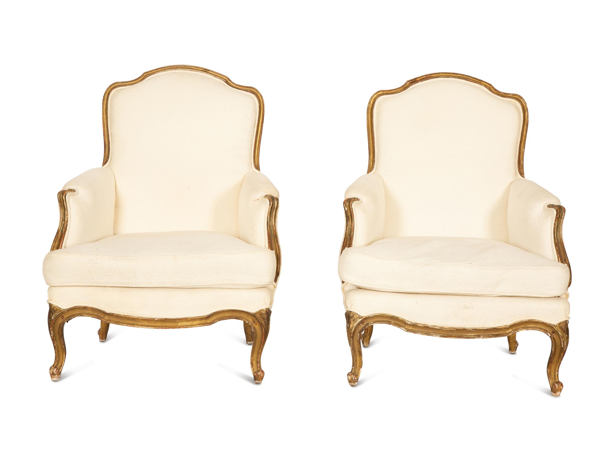 A Pair of Louis XV Style Giltwood Bergères