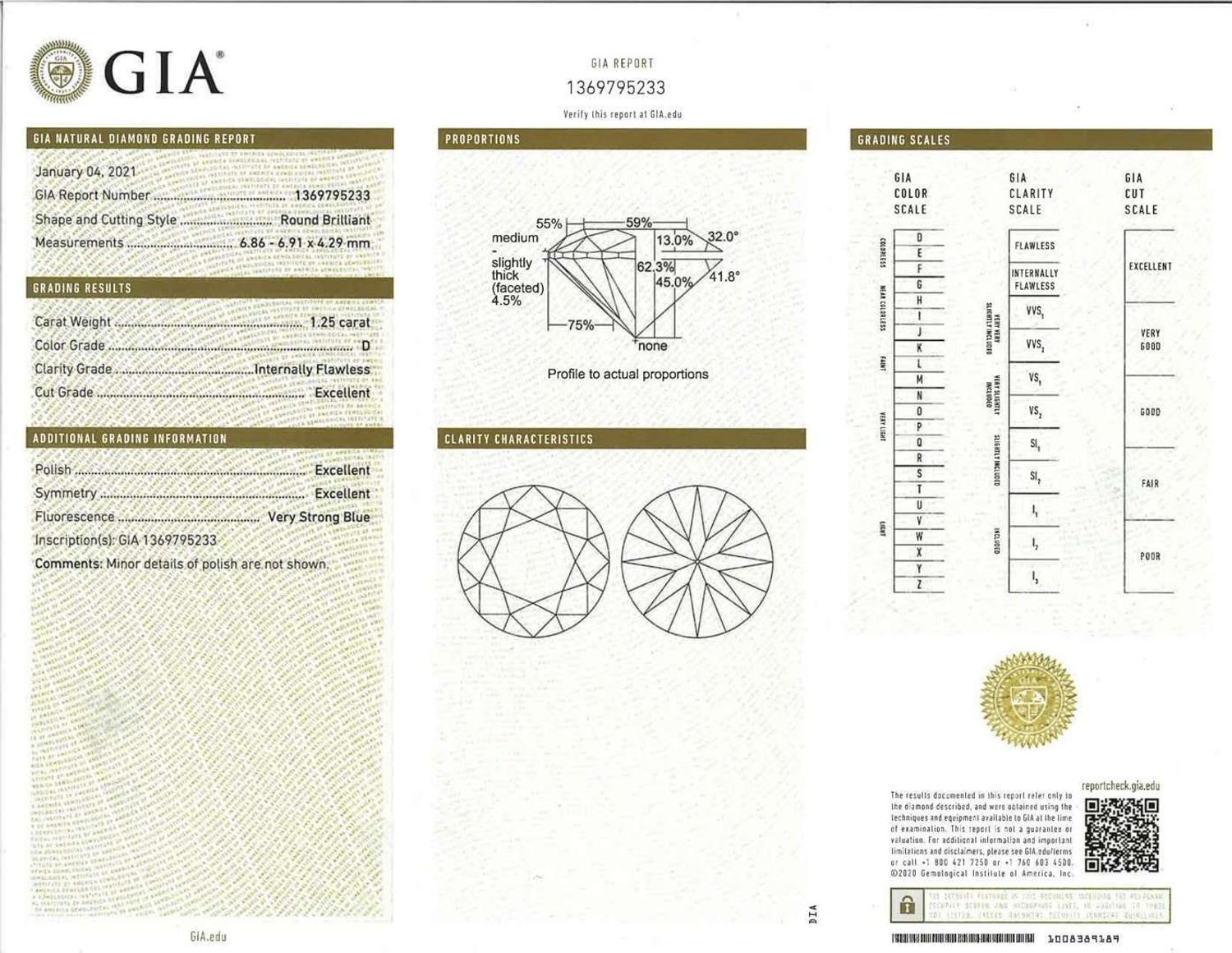 An 18K White Gold and Diamond Ring 1.25 Carat Colorless (D) Internally Flawless (IF) Round Brilliant Diamond, GIA Certified