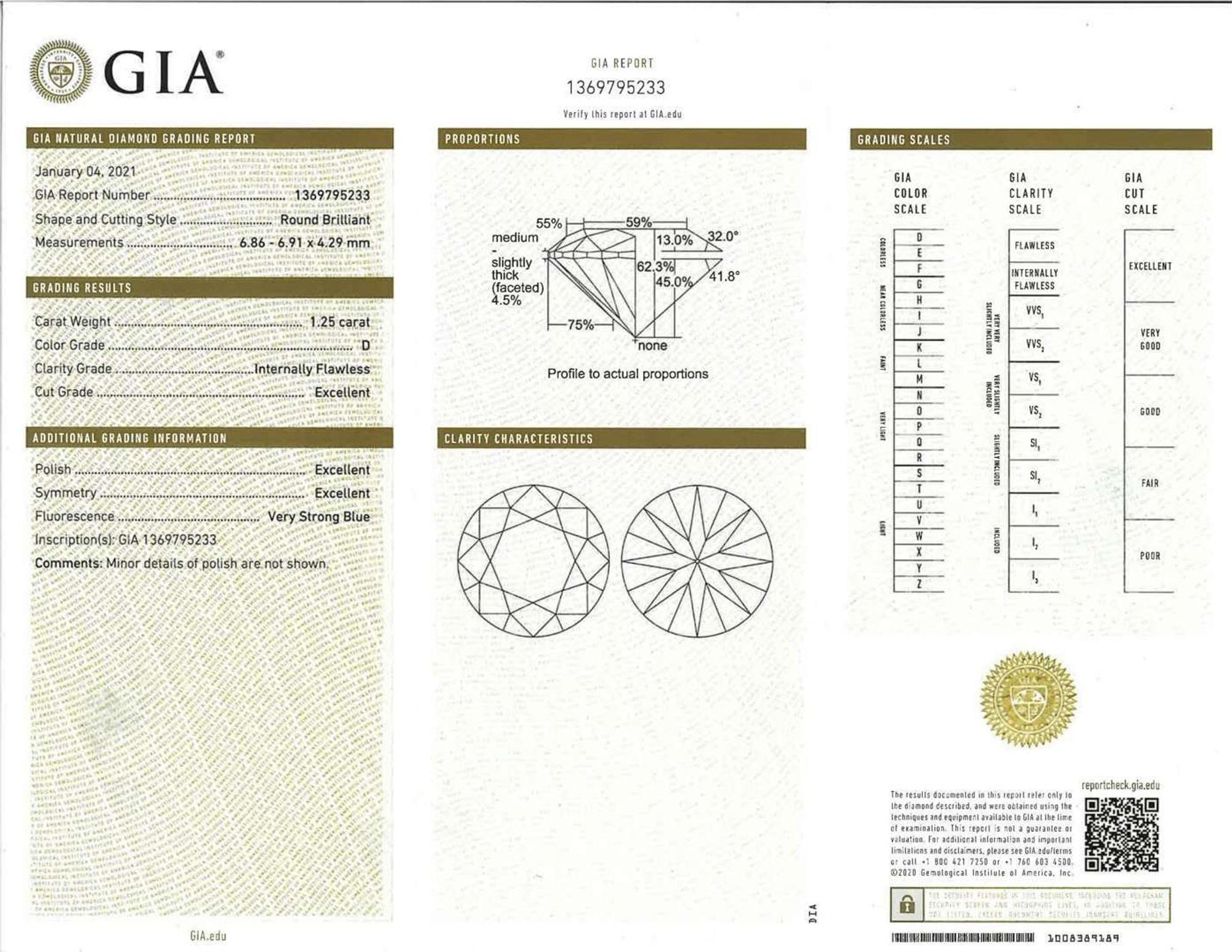 An 18K White Gold and Diamond Ring 1.25 Carat Colorless (D) Internally Flawless (IF) Round Brilliant Diamond, GIA Certified