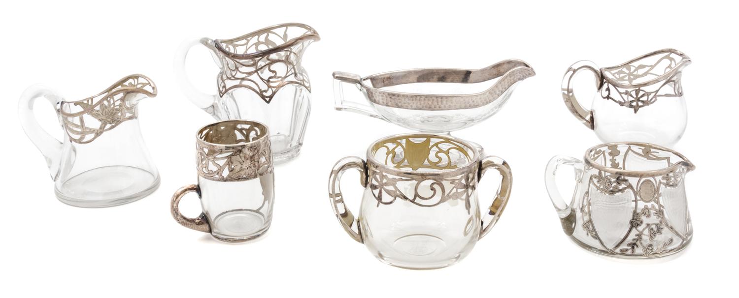 A Group of Seven Silver Overlay Glass Table Articles Height of tallest 4 1/2 inches.