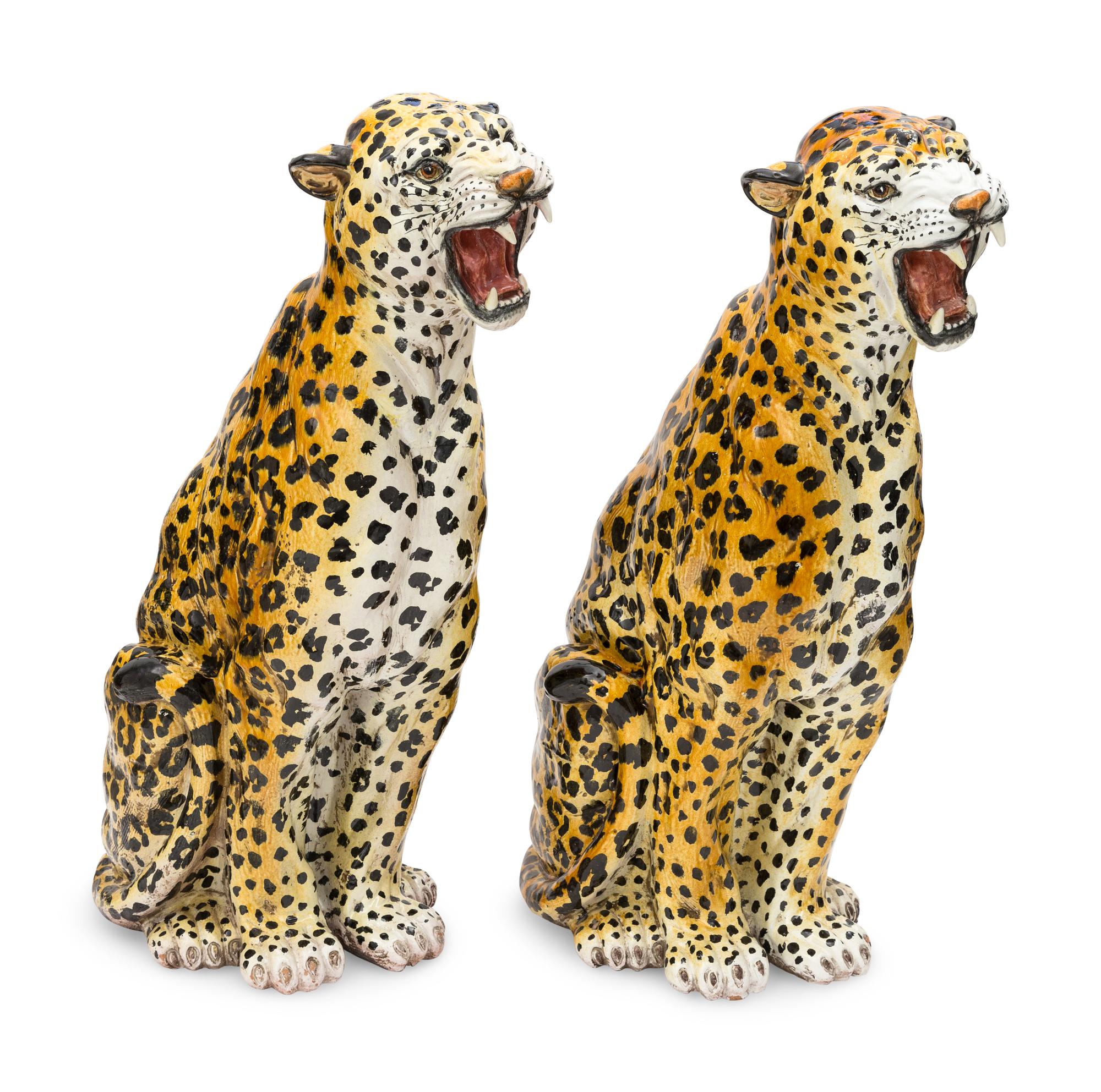 A Large Pair of Italian Glazed Ceramic Leopards