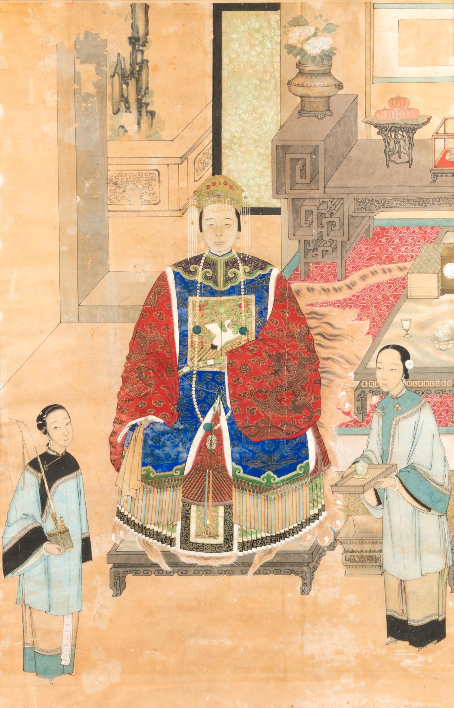 A Chinese Ink and Color on Paper Portrait of an Empress or Court Lady with Two Attendants