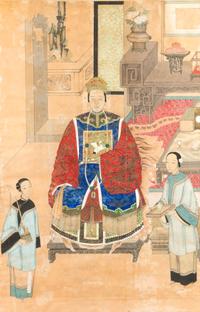 A Chinese Ink and Color on Paper Portrait of an Empress or Court Lady with Two Attendants