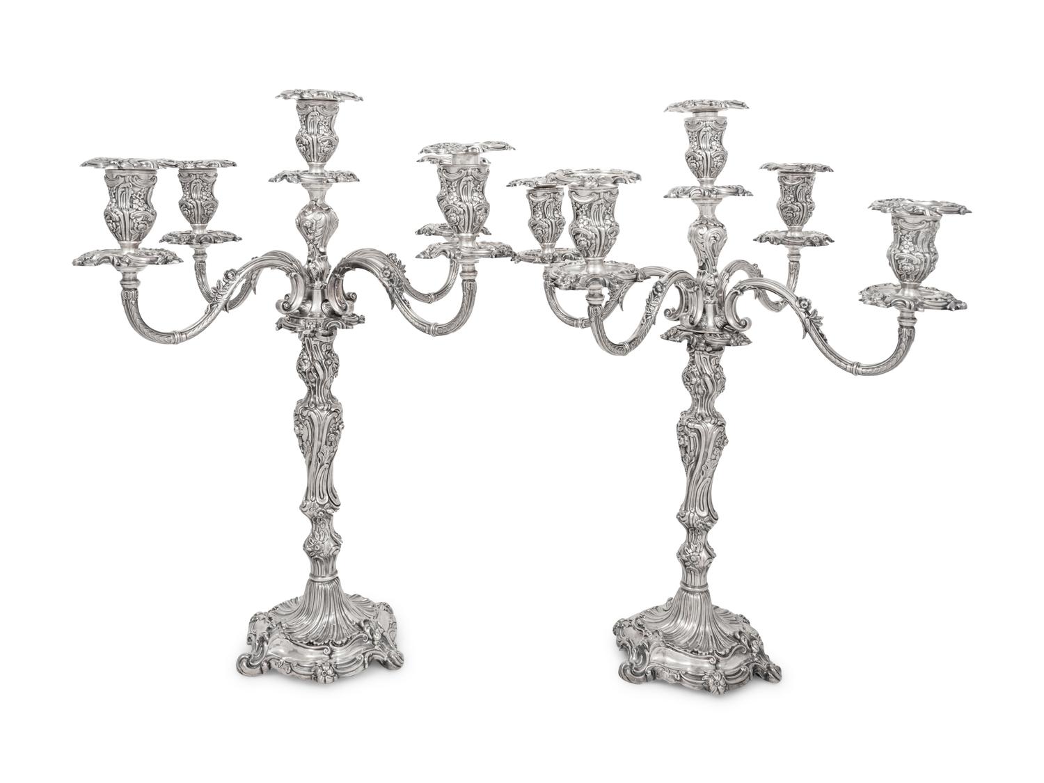 A Pair of English Silver Five-Light Candelabra