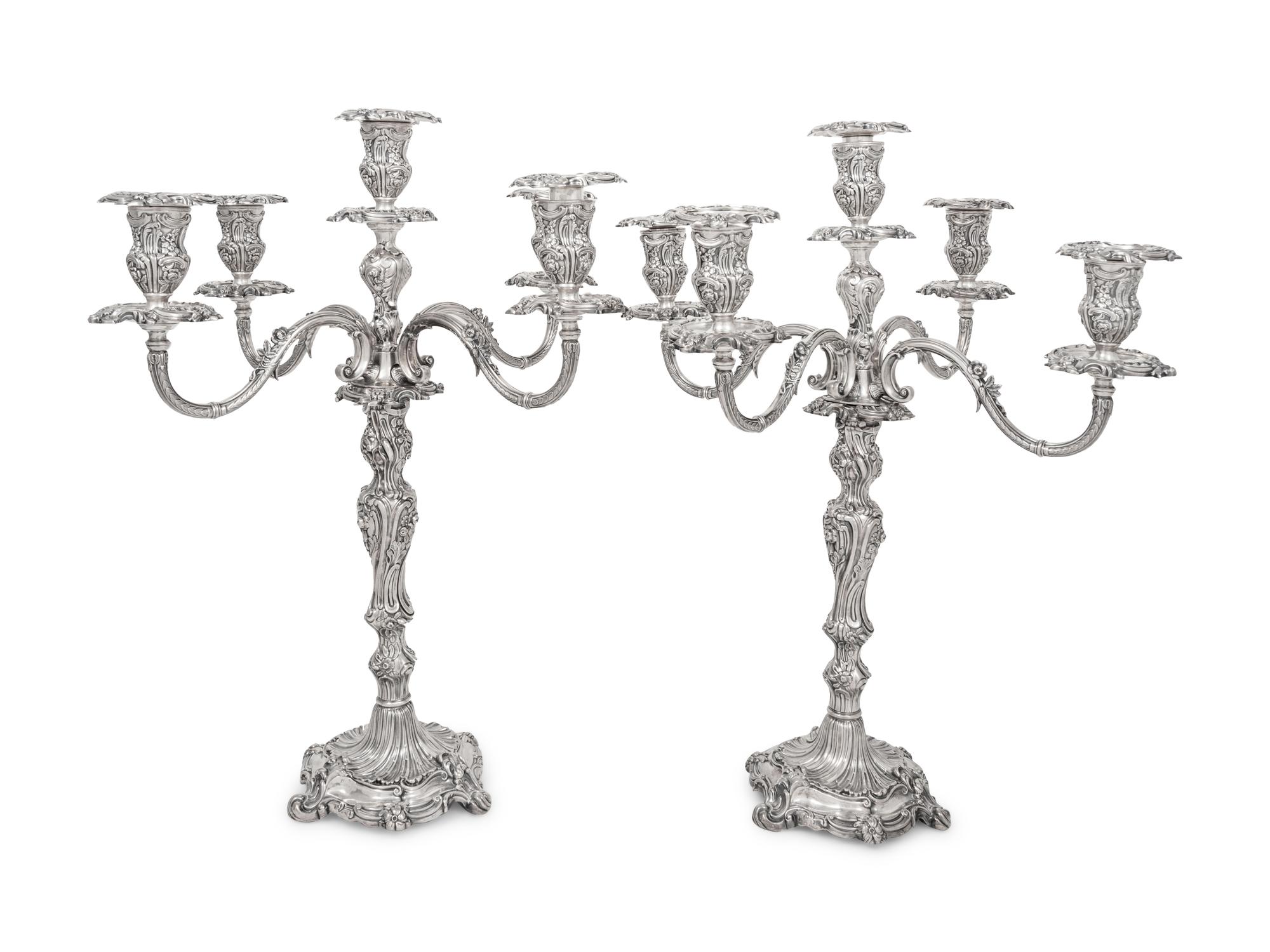 A Pair of English Silver Five-Light Candelabra