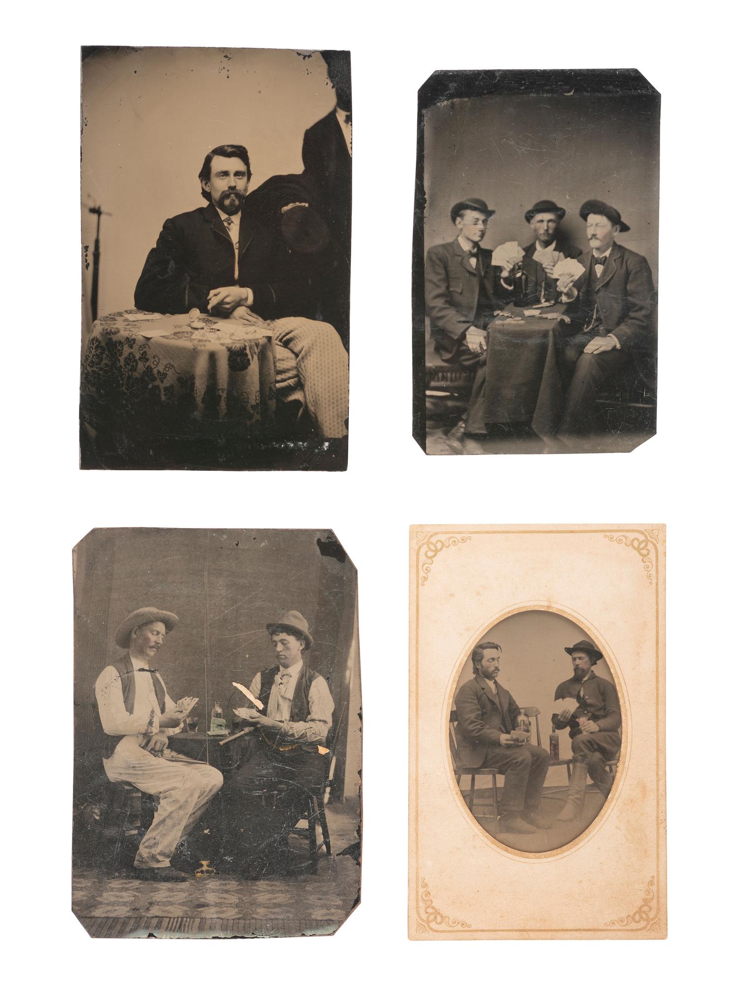 [WESTERN AMERICANA]. 5 tintypes of men playing cards and gambling, incl. gunslingers.
