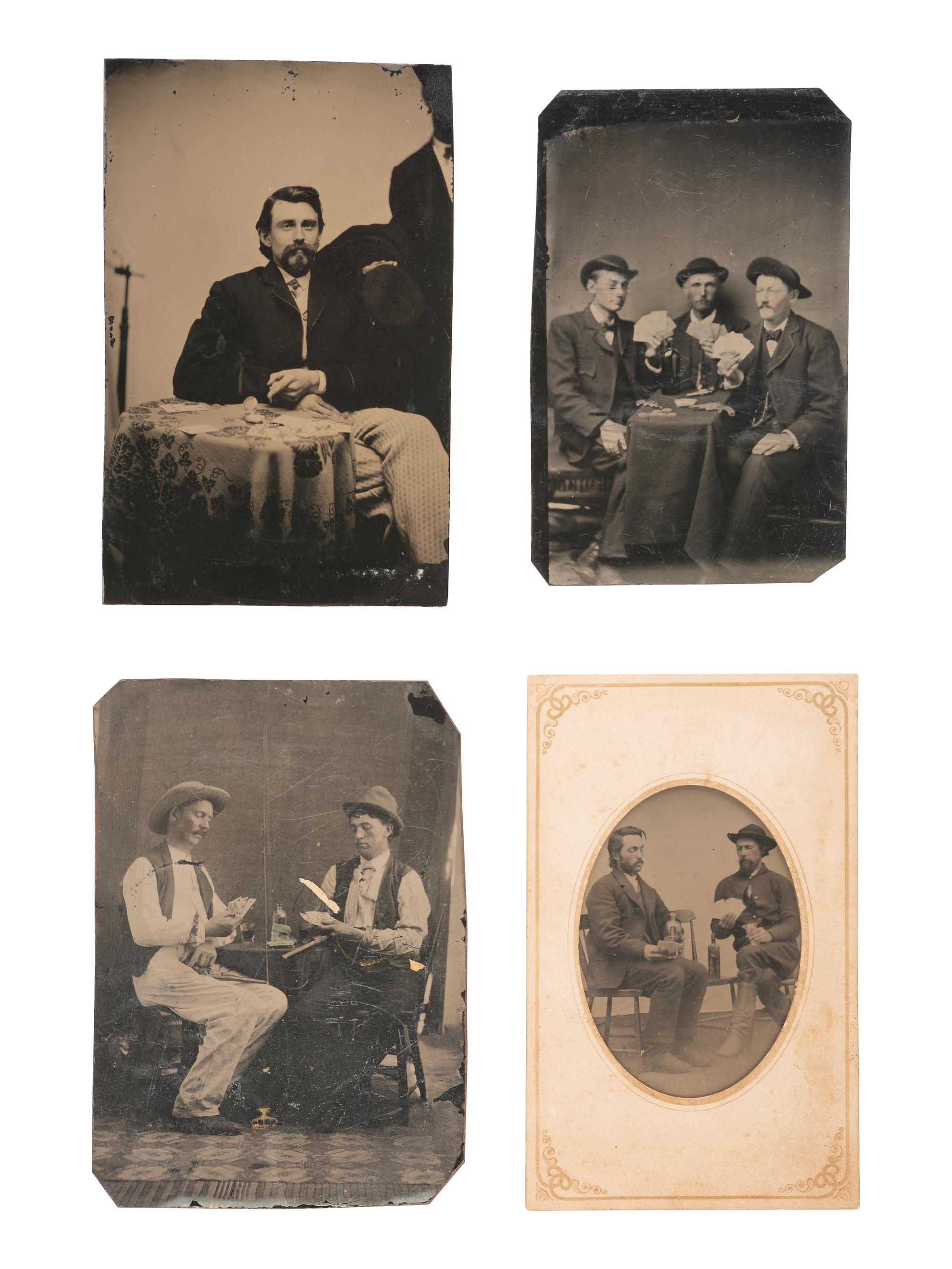 [WESTERN AMERICANA]. 5 tintypes of men playing cards and gambling, incl. gunslingers.